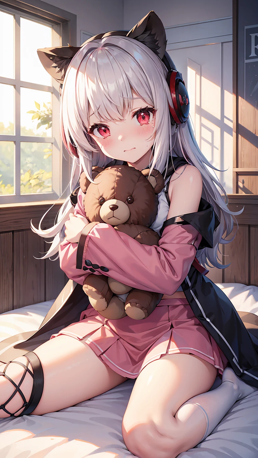 One cute girl Frostlea - Arknights, white wavy hair, Red eyes, animal ears, I look at the viewer, embarrassed, blushing, tears, in room , blue bed, nice room, (pink pajamas), pink skirt, mini skirt, perfect waist,sit on, spread your legs, atmosphere of the day, teddy bear hugs, (hugging a teddy bear), White socks, kneeling pose