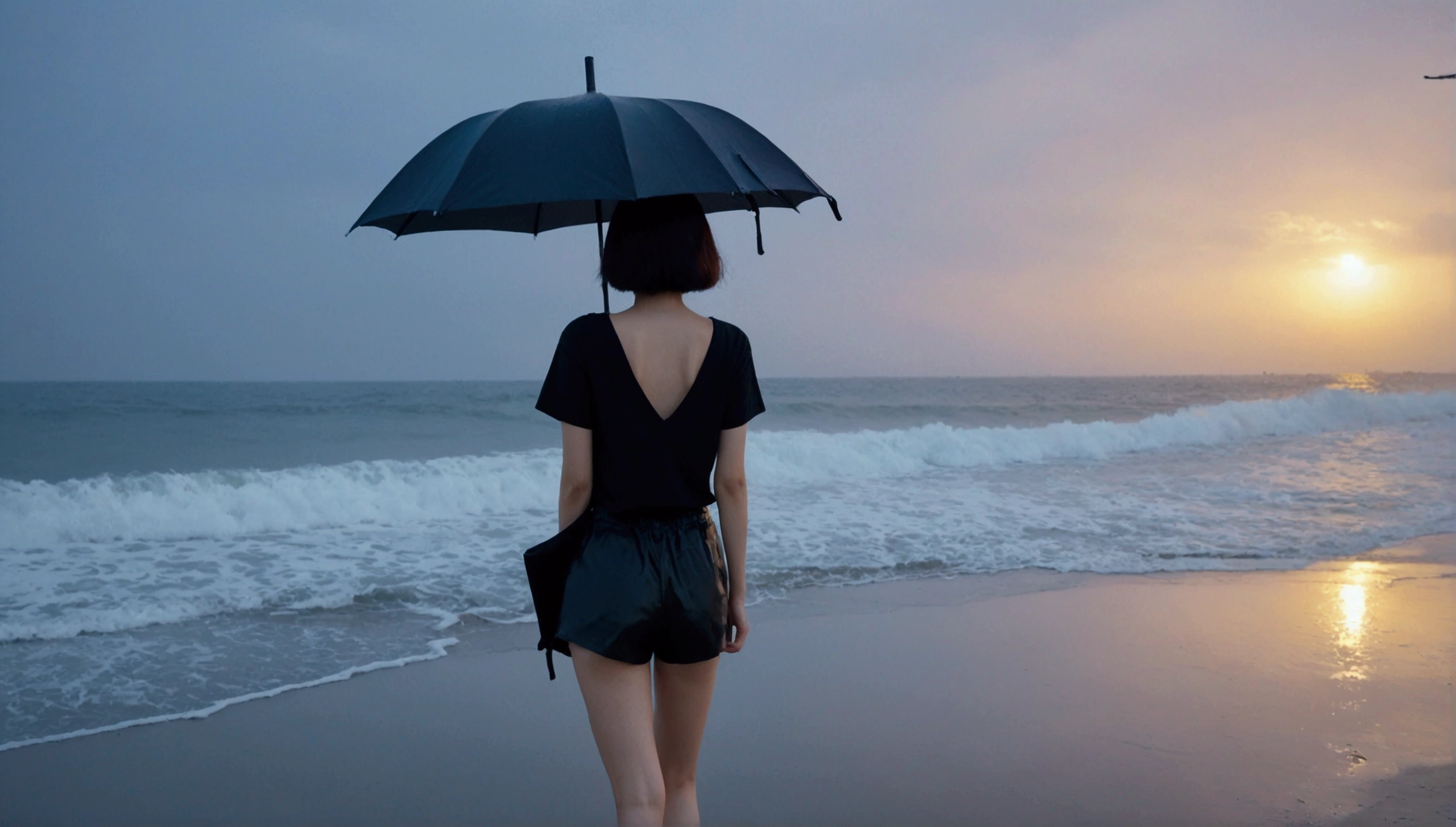 8k, Vivid picture quality, Vivid picture quality, long deserted beach, walking slowly from afar, short medium hair, beautiful appearance, Model-like body, sunset의 붉은 빛, sunset, alone, afternoon, depressed, tide가 밀려온다, rain, black umbrella, ocean, tide, wind, rain가 내리는, Short and slim Korean woman, black top and shorts, rain가 내리는 해변을 검은색 우산을 쓰고 걷는다.