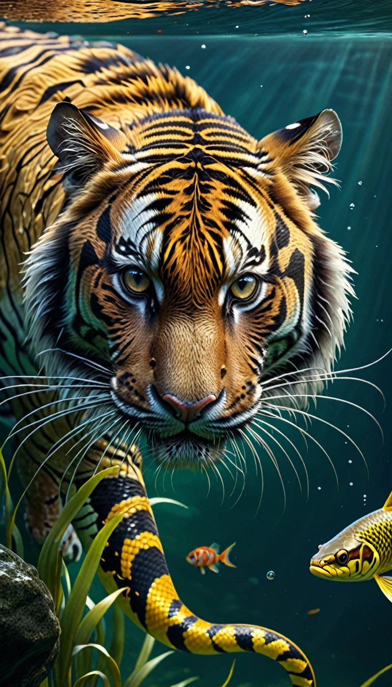 There is a creature in the water，Tiger's head，Fish body，Snake tail(best quality，4K，8k，High level，masterpiece：1.2），Ultra Detailed，（lifelike，Photo real，Photo real：1.37），Highly detailed animals，Complex patterns，Realistic lighting，Fantasy Creatures