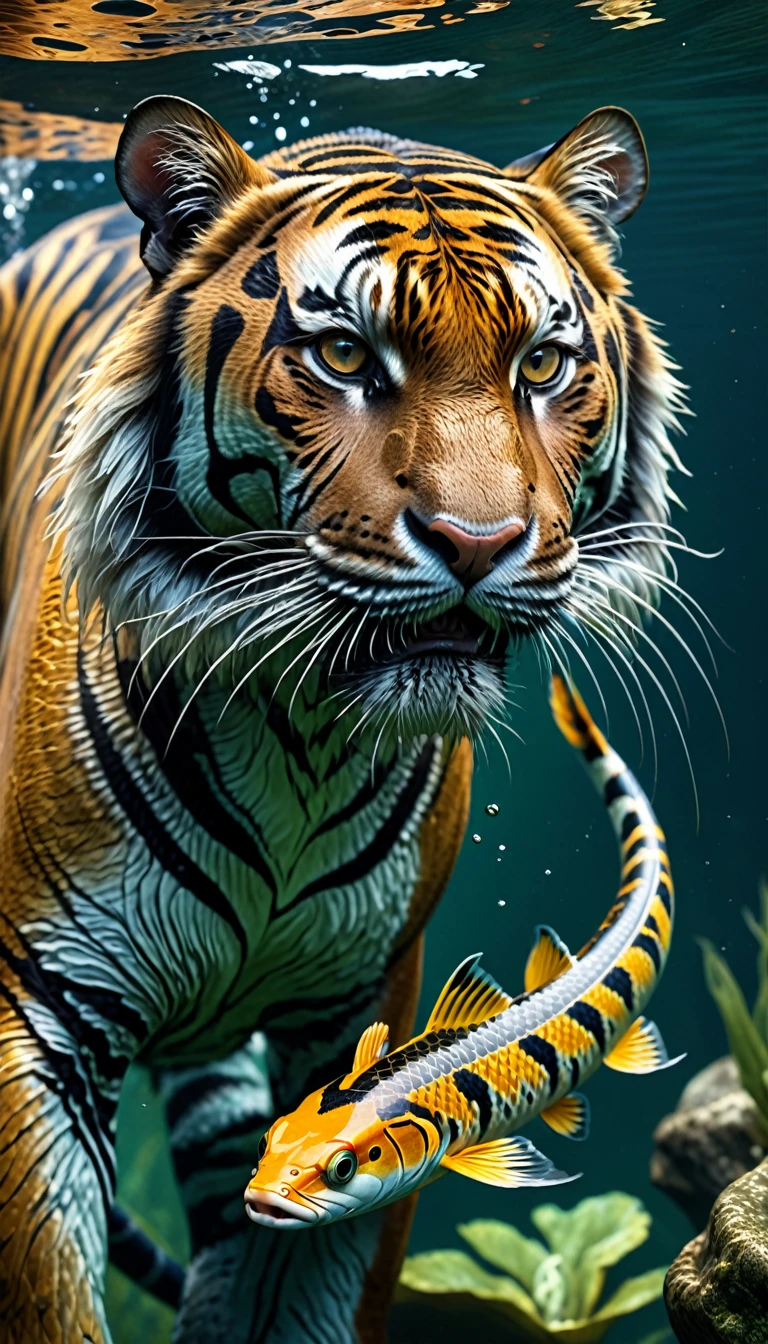 There is a creature in the water，Tiger's head，Fish body，Snake tail(best quality，4K，8k，High level，masterpiece：1.2），Ultra Detailed，（lifelike，Photo real，Photo real：1.37），Highly detailed animals，Complex patterns，Realistic lighting，Fantasy Creatures