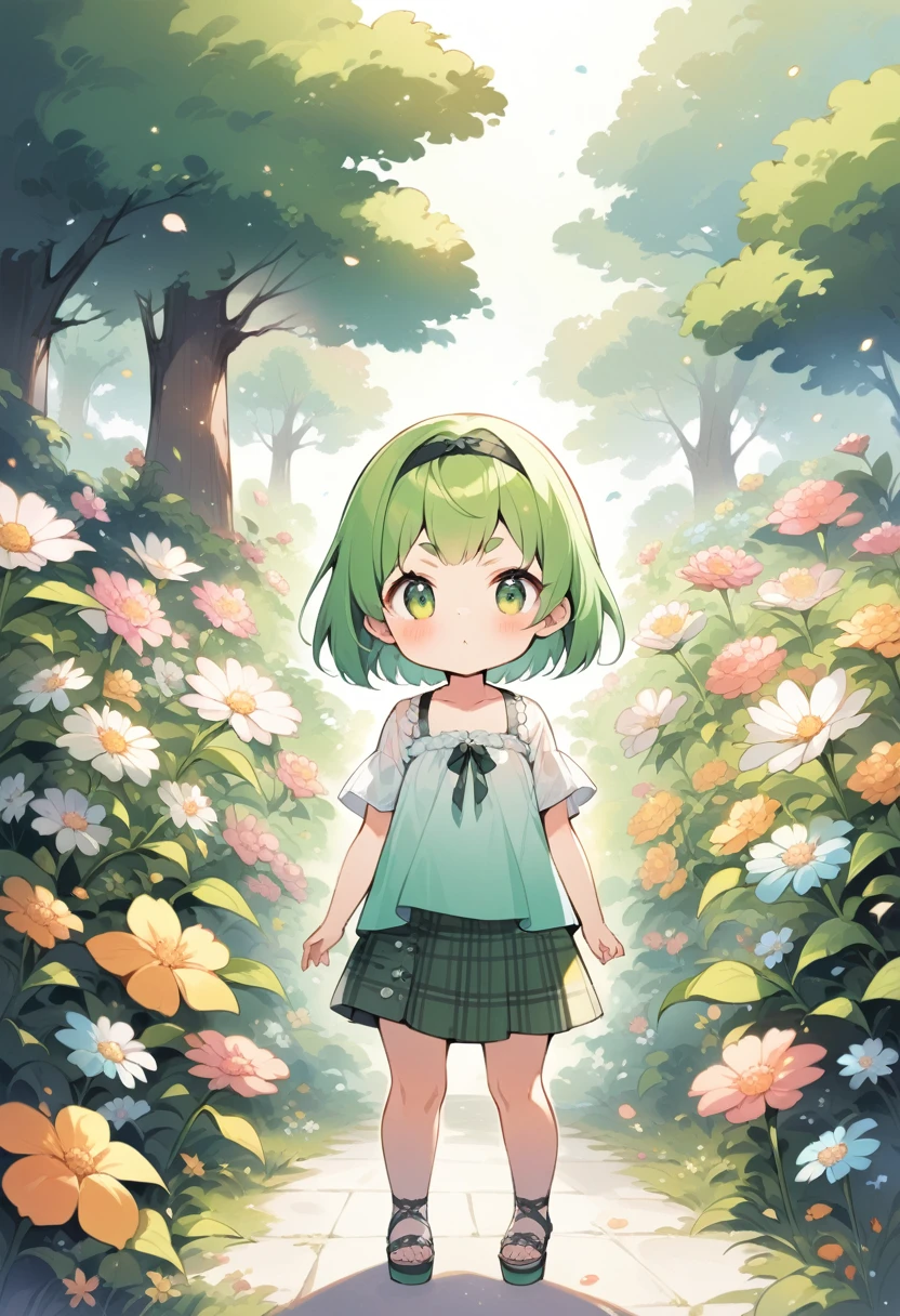 (:1.4),(little female child:1.4), cute face, 6 yeaii, (highlight on eyes:1.1), small breast, (jiggly:0.8), shiny skin,(mini girl:1.5),
BREAK
(green maro eyebrows:1.5), :<, (jitome:1.1),pouty and slightly grumpy,(medium green hair:1.2),pout,disgusted eyes, green eyes, puffy eyes,
BREAK
breathtalking Scenery, breathtalking Beauty, breathtalking Cute,scenery, (best quality, masterpiece:1.2), (ultra high quality:1.2),smooth soft skin, natural skin,watercolor,
BREAK
layer of clothes,(black camitop:1.2) over (white loose blouse:1.2), burberry check patterned skirt,head band.Platform Sandals,dynamicangle,kawaii,outdoors,flowergarden,flowerbackground,tiffany,dust particles,