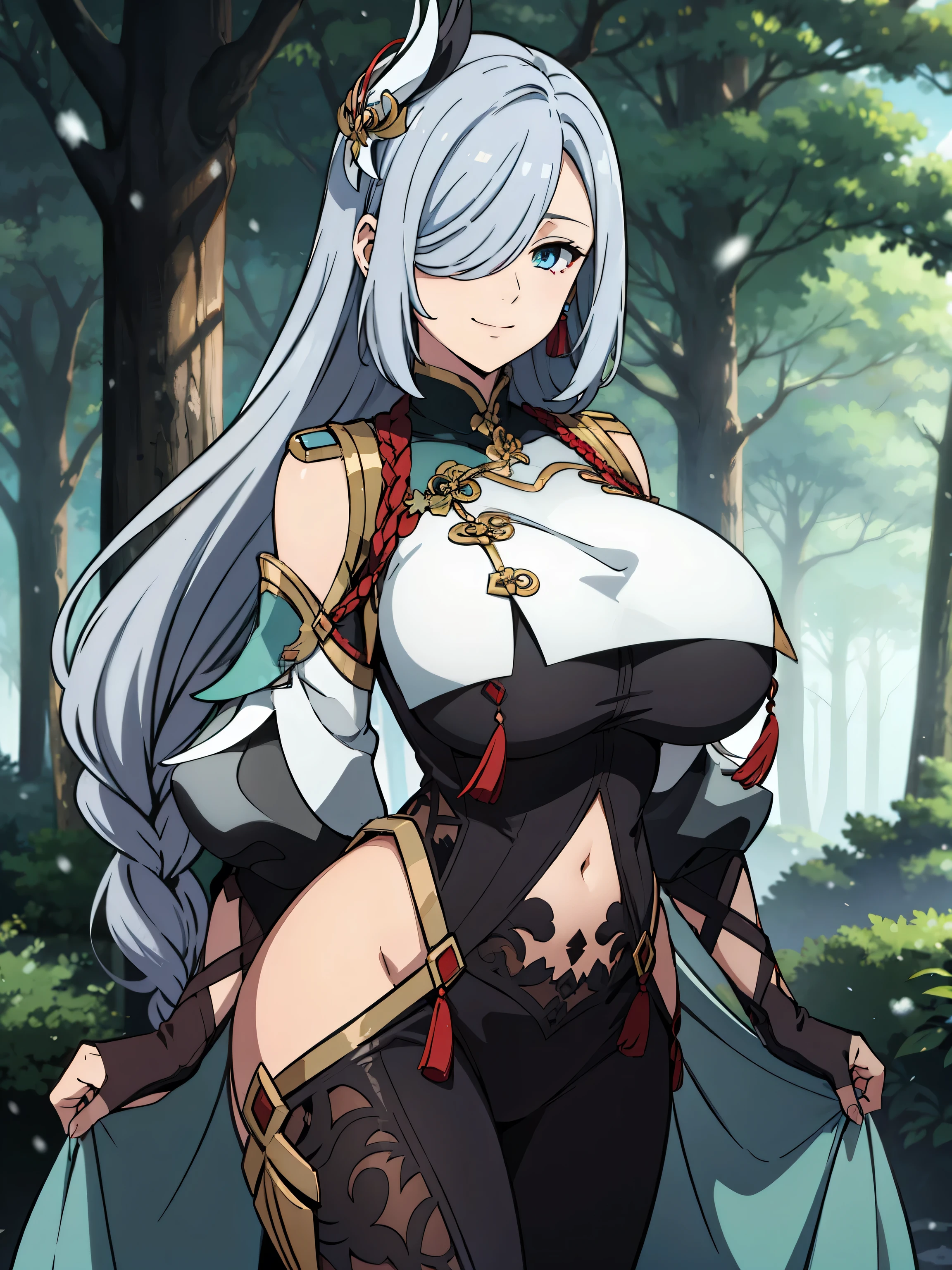 earrings, braided ponytail, puffy sleeves, gold trim, gloves, bodysuit, breast curtain, shoulder cutout, covered navel, hip vent, clothing cutout, tassel, (snowy forest background), ShenheV4, anime cels style, best quality, high resolution, 1girl, (huge breasts:1.2), beautiful face, grey hair, long hair, hair ornament, hair over one eye, blue eyes, cowboy shot, smiling