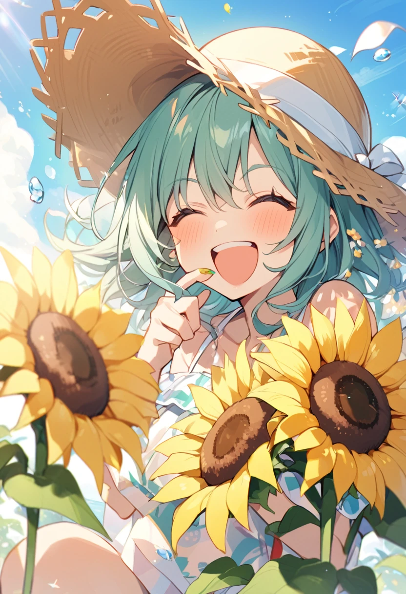 Summer sky、sunflower、Straw hat、Big smile、Oxytocin、One Piece Appears、Please open your mouth wide、Wink、bright, Energetic and aggressive、