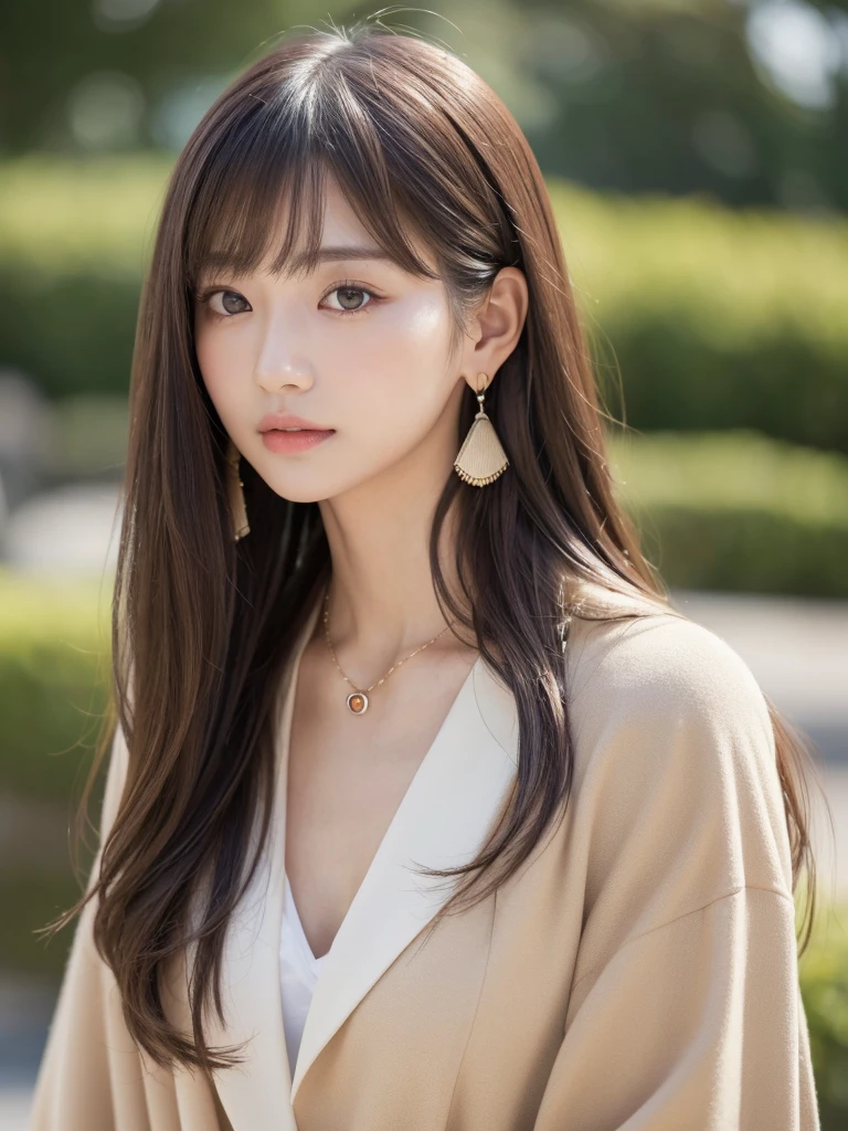 ((Highest quality, 8k, masterpiece:1.3)), concentrate: 1.2, Perfect body beauty: 1.4, Hips: 1.2, ((Long Hair, chest: 1.2)), (Dry clothes: 1.1) , (clear, Simple Background:1.3), Simple clothes: 1.1, Highly detailed face and skin texture,Delicate eyes, double eyelid, Whitened skin, Rough skin、Long Hair、Earrings with bangs、necklace、 solo、Beige coat、White shirt, (((Beautiful girl with cute Japan)))、 ((Beautiful Japanese girl 20 years old))、 ((Baby Face))、 (((Slender body)))、 Upper Body,Face focus、necklace,Simple Background,From above, Realistic Hair、 A photograph was taken:Canon EOS R6、135mm、1/1250 seconds、f2.8、ISO400、(Detailed explanation of the hand)、(Masseter muscle area)、(Exquisite CG)、Long Hair, loose and curly hair、Korean Hair、Long Hair明るいベージュ色、グラデーションハイライトグレージュのゆるふわLong Hairスタイル、