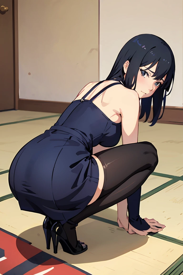 anime girl in blue dress with black stockings and stockings on, an anime drawing by Kamagurka, pixiv, shin hanga, bending over, beautiful anime girl squatting, the anime girl is crouching, (sfw) safe for work, makoto, lit from behind, female protagonist 👀 :8, makoto shinka, bottom viewa