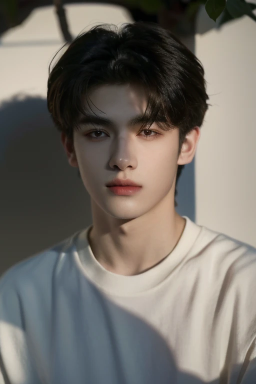 masterpiece，Ultra-high resolution，（Reality：1.4），Bust photo，1 Boy，in the darkness，Deep Shadows，Low profile，Cold Light，Incredibly handsome，detail，18 years old，Emotional，The face is clear，black shirt，Face Light，shirt, Half-length photo, Head towards camera line， jungle, sunflower