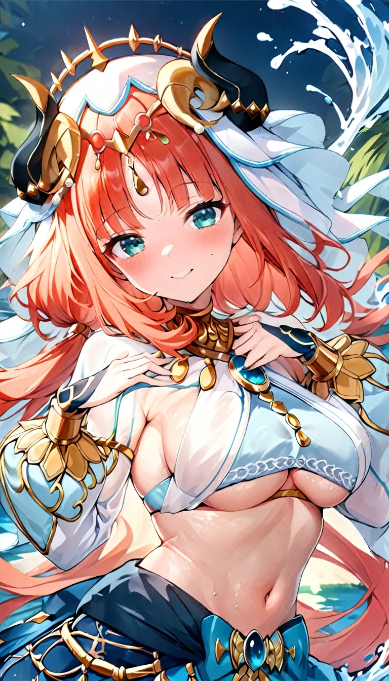 (((best quality)), ((masterpiece)), (details), masterpiece, best quality, high quality, ulutra detailed, perfect face,Shiny Hair、Glowing Skin、blush、nilou、whole body、Dancer、lake、Splash、dance、smile、Sideboob、Underboob、whole body、nilou,1girl,独奏,horns,Veil,navel,