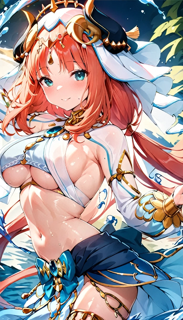 (((best quality)), ((masterpiece)), (details), masterpiece, best quality, high quality, ulutra detailed, perfect face,Shiny Hair、Glowing Skin、blush、nilou、whole body、Dancer、lake、Splash、dance、smile、Sideboob、Underboob、whole body、nilou,1girl,独奏,horns,Veil,navel,