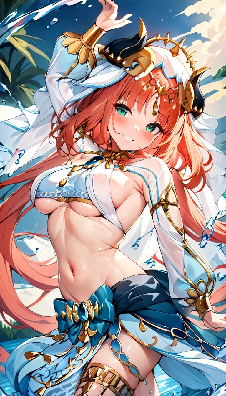 (((best quality)), ((masterpiece)), (details), masterpiece, best quality, high quality, ulutra detailed, perfect face,Shiny Hair、Glowing Skin、blush、nilou、whole body、Dancer、lake、Splash、dance、smile、Sideboob、Underboob、whole body、nilou,1girl,独奏,horns,Veil,navel,