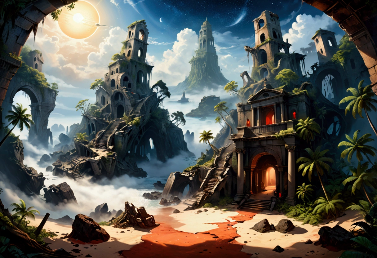 rafed, an oil painting of an island of mystery, an island of enigma, an island of secrecy, there some palm trees, white and red sand, some mist surrounds the island, it is the time between the night an day, the sun is in the horizon and some stars are still in the sky, the ruins of ancient tower are visible, veins crawling on it, dynamic angle, Ultra-high resolution, High Contrast, (masterpiece:1.5), highest quality, Best aesthetics), 16K fantasy art, best details, best quality, highres, ultra wide angle, 16k, [ultra detailed], masterpiece, best quality, (extremely detailed), 