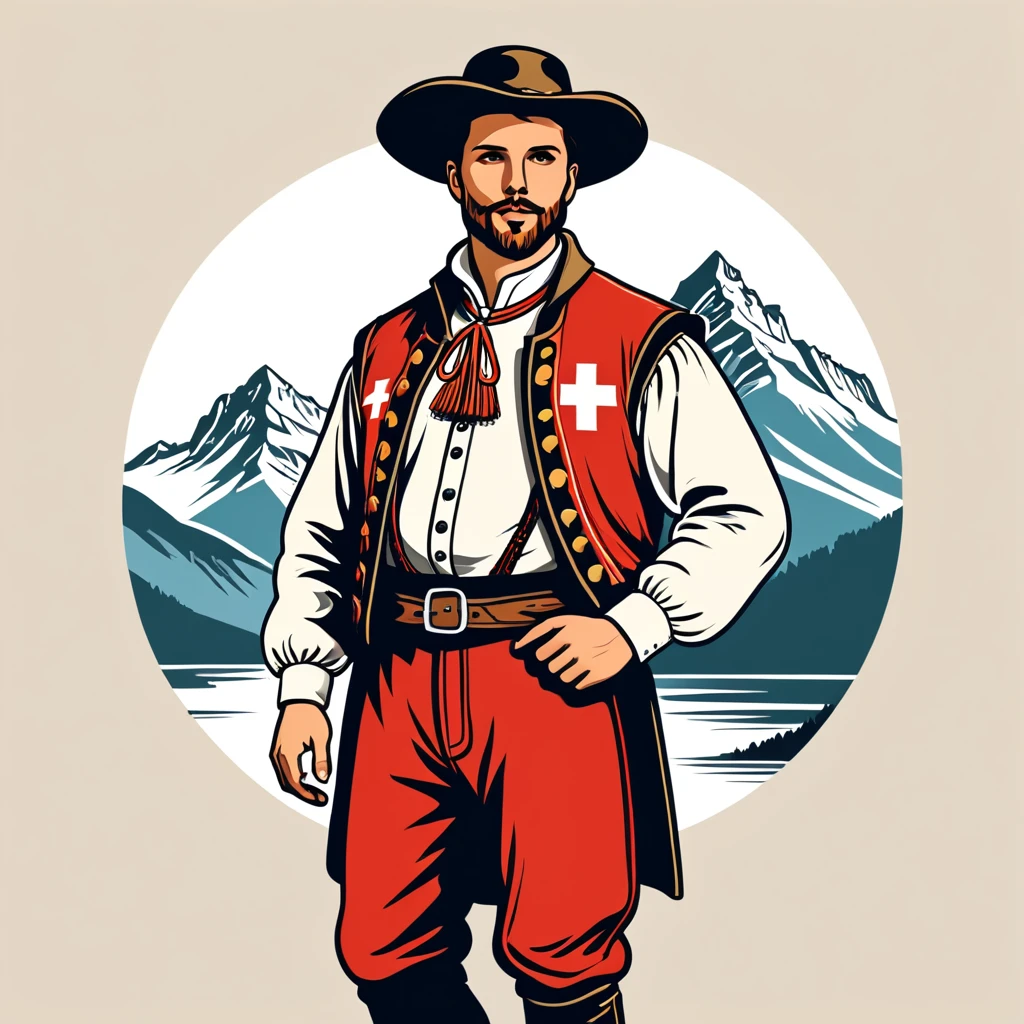 man in switzerland folk outfit, vector graphics, strong contours