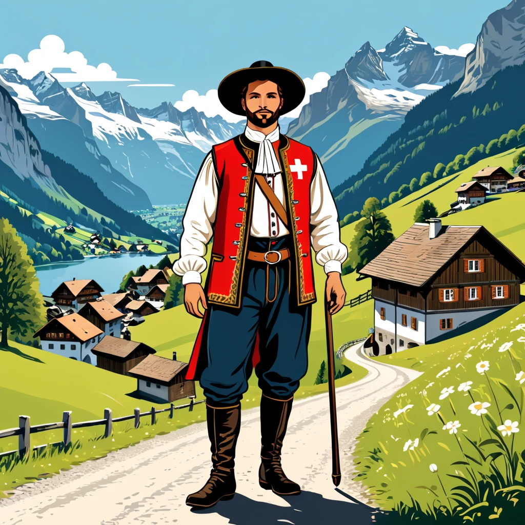 man in switzerland folk outfit, vector graphics, strong contours
