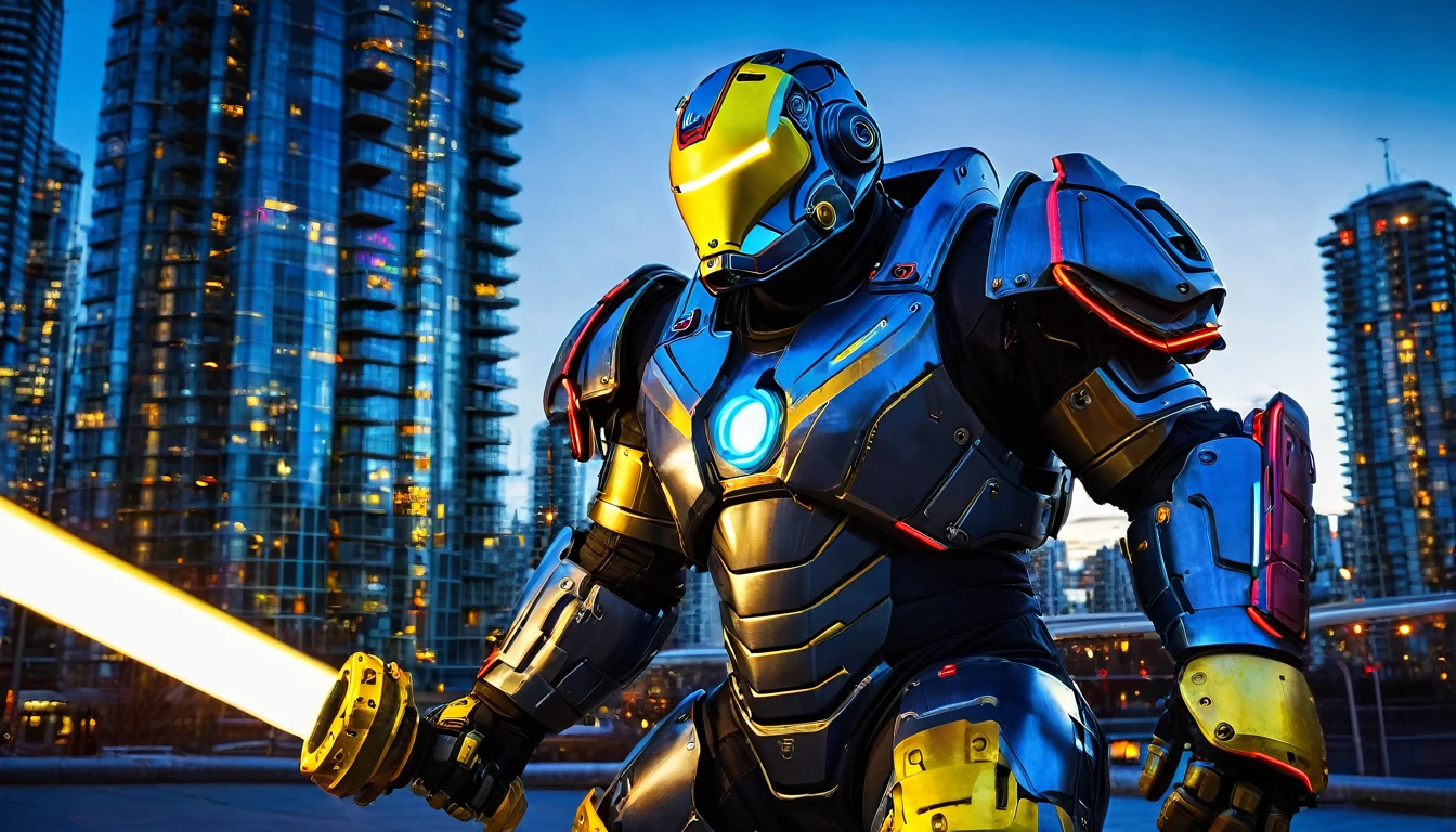 Mech suit ready for battle, full body shot, Vancouver, high-quality artwork, metal armour, intense lighting, cityscape background, heroic pose, dramatic shadows, carbon fiber suit with black and red paint job and yellow neon lights, hockey helmet with blue visor, video game, blue electric fists, futuristic synth wave cyberpunk, hulkbuster with goalie hockey mask design, no reactor core on chest