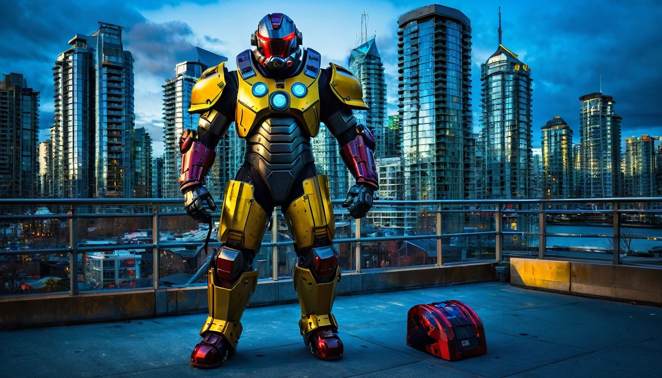 Mech suit ready for battle, full body shot, Vancouver, high-quality artwork, metal armour, intense lighting, cityscape background, heroic pose, dramatic shadows, carbon fiber suit with black and red paint job and yellow neon lights, hockey helmet with blue visor, video game, blue electric fists, futuristic synth wave cyberpunk, hulkbuster with goalie hockey mask design, no reactor core on chest