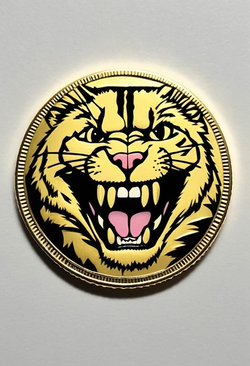 low quality、Pop Art、(One coin)、The coin has a mouth、Teeth are visible、gold、Logo、central、big、Background is white