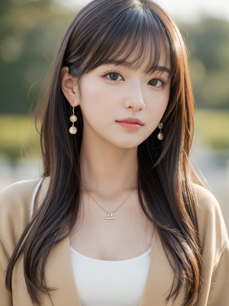 ((Highest quality, 8k, masterpiece:1.3)), concentrate: 1.2, Perfect body beauty: 1.4, Hips: 1.2, ((Long Hair, chest: 1.2)), (Dry clothes: 1.1) , (clear, Simple Background:1.3), Simple clothes: 1.1, Highly detailed face and skin texture,Delicate eyes, double eyelid, Whitened skin, Rough skin、Long Hair、Earrings with bangs、necklace、 solo、Beige coat、White shirt,  (((Beautiful girl with cute Japan)))、  ((Beautiful Japanese girl 20 years old))、 ((Baby Face))、 (((Slender body)))、  Upper Body，Face focus、necklace，Simple Background，From above， Realistic Hair、 A photograph was taken:Canon EOS R6、135mm、1/1250 seconds、f2.8、ISO400、(Detailed explanation of the hand)、(Masseter muscle area)、(Exquisite CG)、Long Hair, loose and curly hair、Korean Hair、Long Hair明るいベージュ色、グラデーションハイライトグレージュのゆるふわLong Hairスタイル、