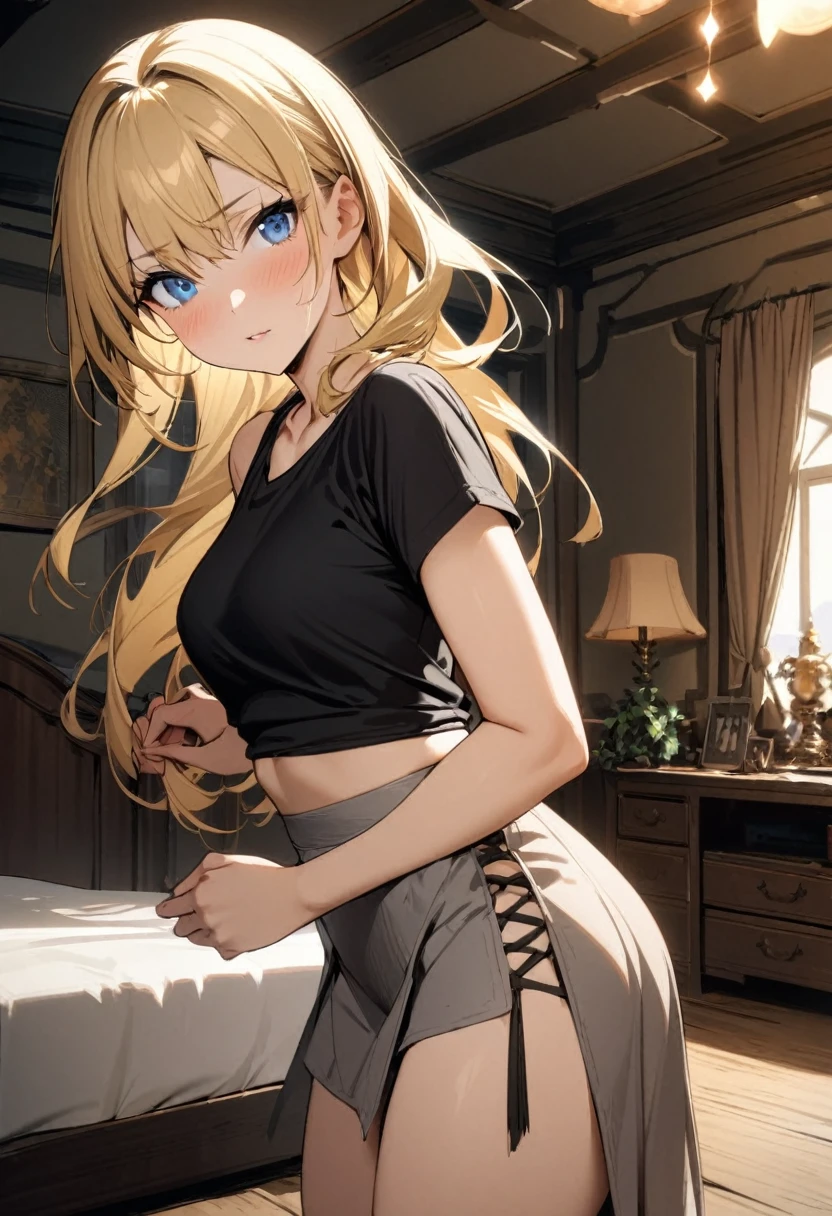 1girl, dancer \(final fantasy\),blonde hair,blue eyes, final fantasy,shirt,skirt,room,masterpiece, best quality, absurdres,cowboy shot