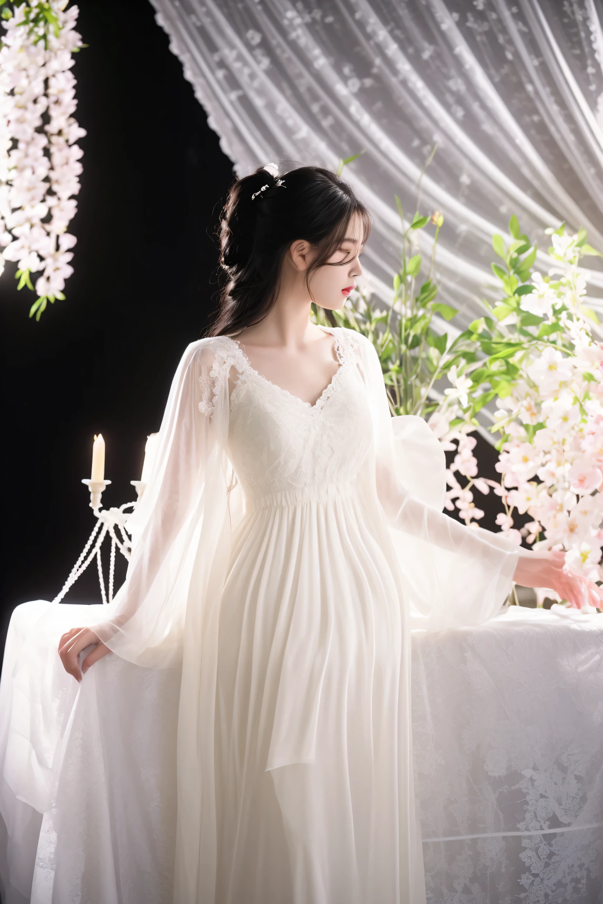 araffe woman in a white dress standing in front of a table with flowers, romantic gown, wearing a nightgown, white hanfu, chiffon, ethereal beauty, ethereal and dreamy, full length view, dreamy and ethereal, very ethereal, fantasy long intricate gown, romantic dress, nightgown, ethereal!!!, wearing long gown, flowing gown