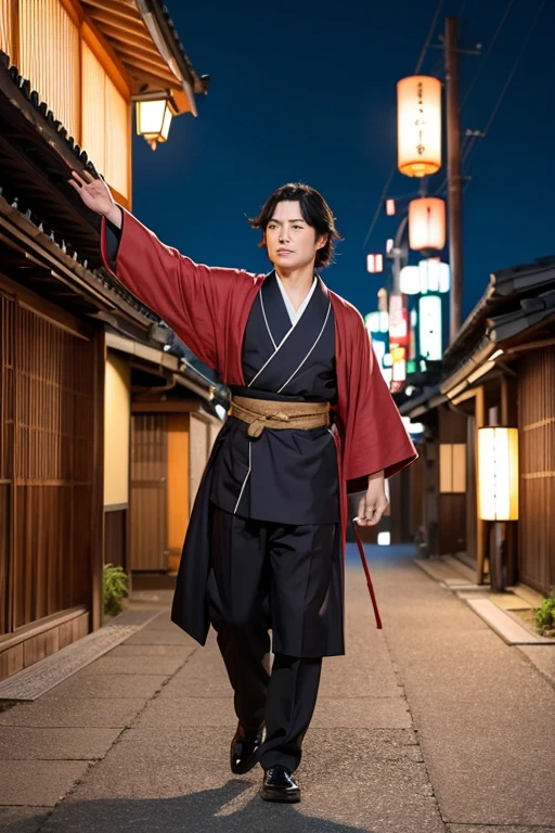 "Generate an image of Sakamoto Ryoma standing proudly atop a hill, striking a masculine pose with both hands raised triumphantly. Ryoma is depicted with his distinctive features: his long, neatly tied-back black hair in a traditional chonmage style, wearing a dignified kimono adorned with a subtle yet elegant pattern, paired with hakama and haori. His expression is joyful and confident, with a bright smile and determined eyes.
The background should feature a panoramic view from the hilltop, showcasing a blend of traditional Japanese architecture and modern elements. Lantern-lit streets and bustling cityscape symbolize Japan's transition during the Meiji era, capturing the essence of progress and change. This scene reflects Ryoma's visionary spirit and his pivotal role in shaping Japan's modernization.
Please create two versions of the image: one in vibrant colors to emphasize the energy and dynamism of the scene, and another in sepia tone to evoke a nostalgic, historical atmosphere. Ensure that Ryoma's posture, expression, and the expansive view effectively convey his leadership and forward-looking spirit."