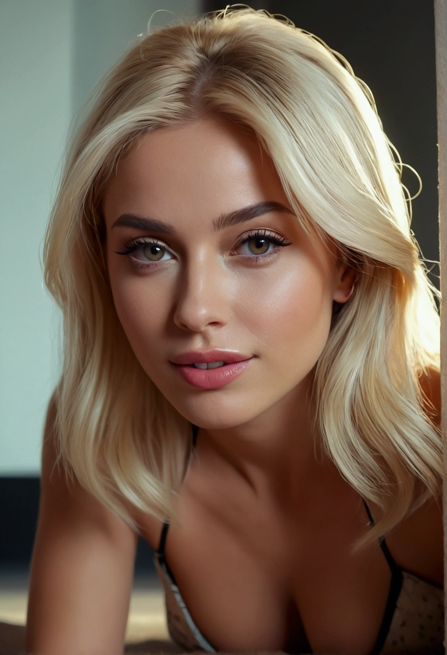 
a medium shot of an ultra hot gorgeous woman, a blonde Instagram model, slim body with big , with a seductive look, smirking, worried face, flirting with camera, closeup, she on her all fours facing the camera with almost all of her exposed. Room. Masterpiece, UHD.