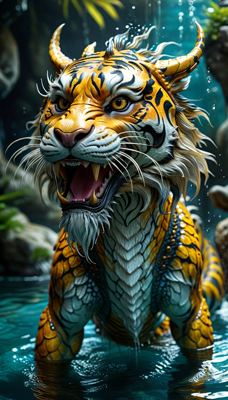 There is a creature in the water，Tiger's head，Chinese dragon body(best quality，4K，8k，High level，masterpiece：1.2），Ultra Detailed，（lifelike，Photo real，Photo real：1.37），Highly detailed animals，Complex patterns，Realistic lighting，Fantasy Creatures