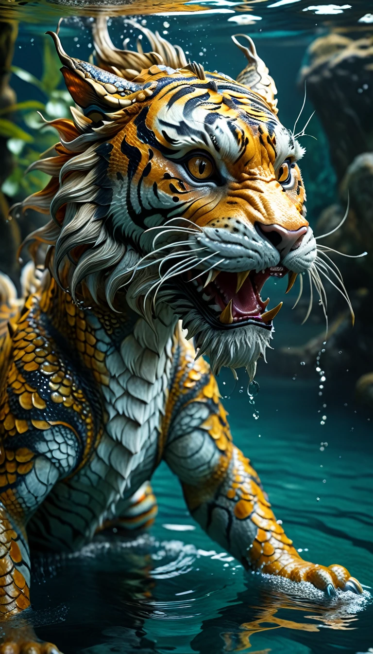 There is a creature in the water，Tiger's head，Chinese dragon body(best quality，4K，8k，High level，masterpiece：1.2），Ultra Detailed，（lifelike，Photo real，Photo real：1.37），Highly detailed animals，Complex patterns，Realistic lighting，Fantasy Creatures