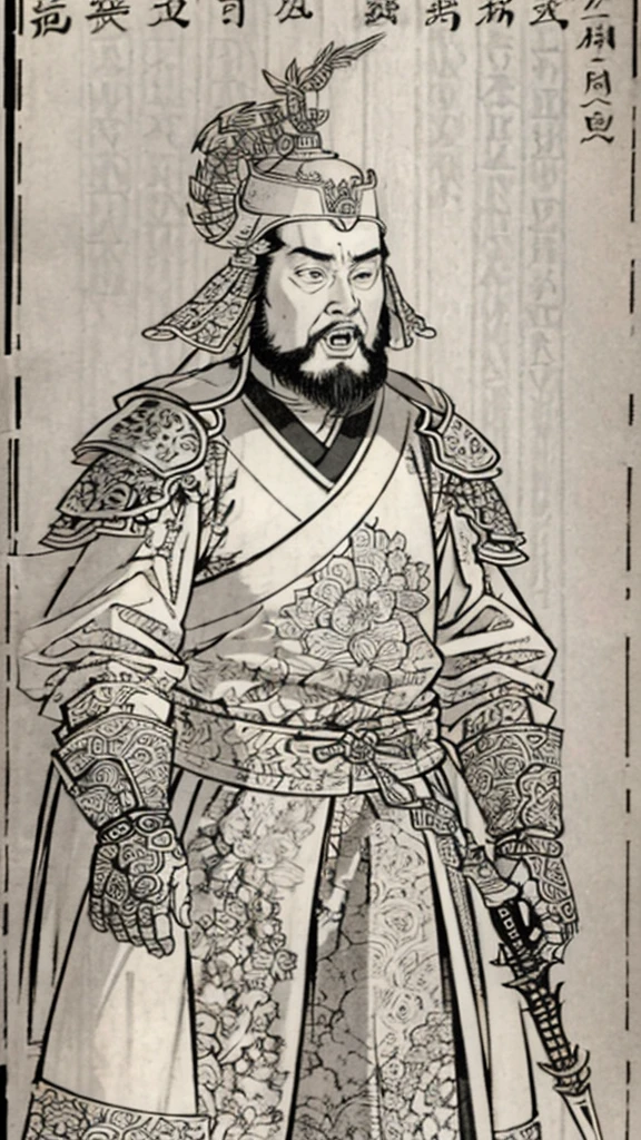 (((Monochrome)))、(((Man with open mouth)))、（（Men in ancient China））、（Ink Painting）、Highest quality、masterpiece、Ultra-high resolution、(Realistic:1.4)、Game Poster、Three bearded men of the kingdom,Oriental、As seen in the Romance of the Three Kingdoms々military commander、Crisp and beautiful image quality ,(((metal armor, metal dragon head on the shoulder, Holding a sword, (Skin of color, ), (metal armor with intricate pattern:1.2)))、 gloves, Long trousers, (Very detailed, bloom:1.5), (Highest quality, Concept Art, 4K), (analog:1.2), (high sharpness), (Detailed pupil:1.1),, Detailed face and eyes, masterpiece, Highest quality, (Very detailed:1.1), 8k, photoRealistic, (PurerosFace_v1:0.2), [:(Detailed face:1.2):0.2], sharp, Realistic, Realistic Shadow, 
