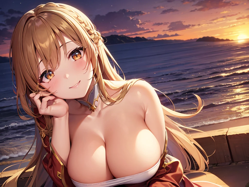 1People Girls、Asuna,STAR, Crown Half Up Hairstyle,Free Pose、Shoulder Off、Gorgeous big cleavage、Captivating smile, Luxurious brown outfit, evening, Sunset sky, sunset