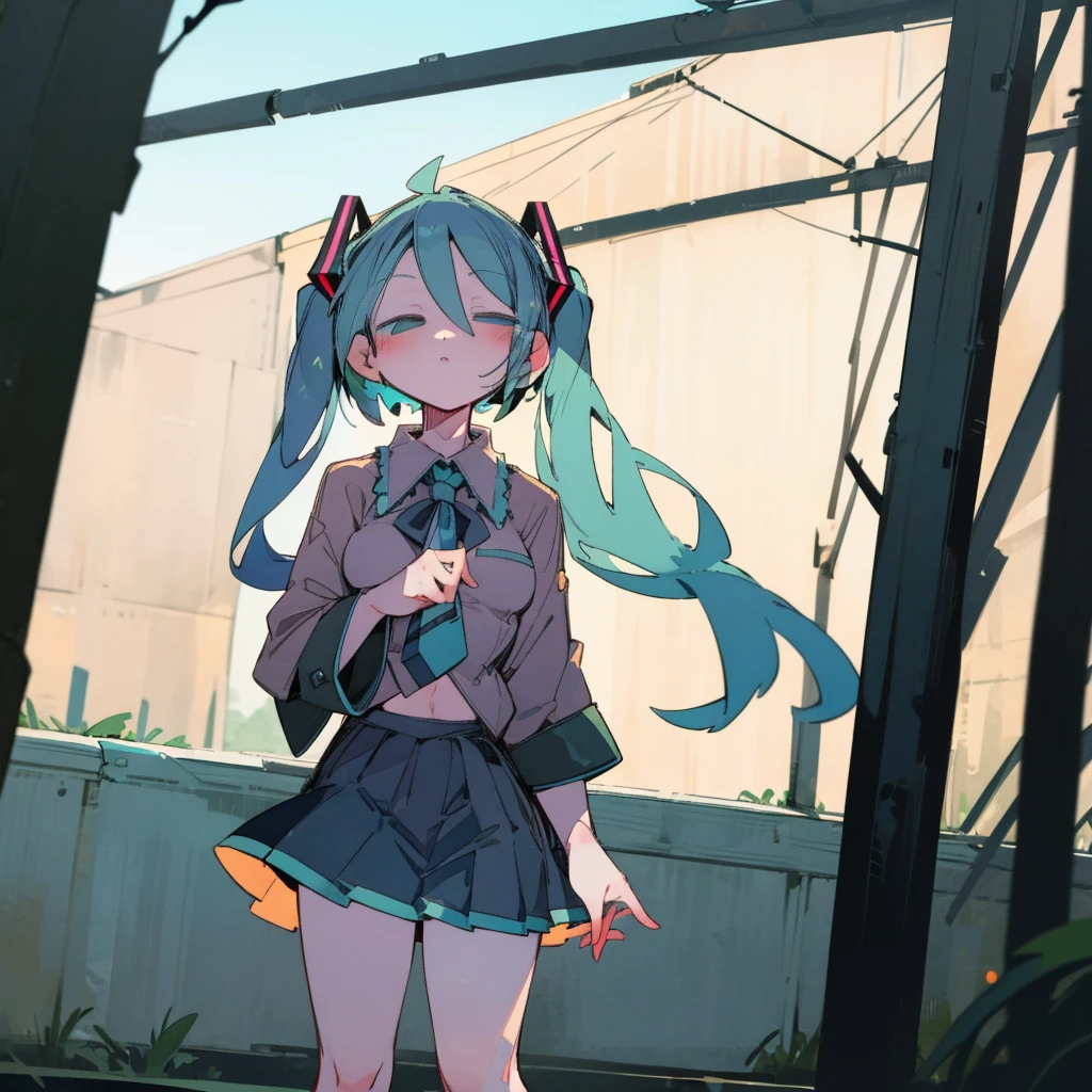 score_9, Highest quality, masterpiece, No correction, sauce_Anime BREAK 1 Girl, Are standing, hatsune miku, View your viewers, Cowboy Shot, shirt, Pleated skirt, Conceit, Half-closed eyes, Outdoor
