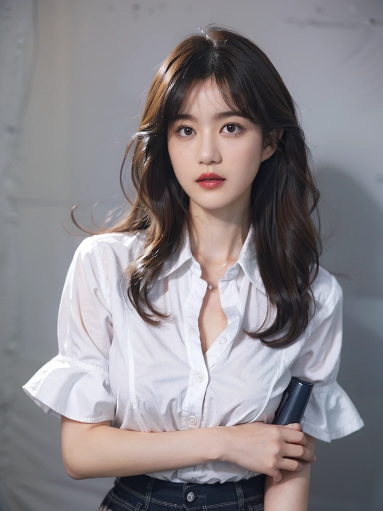 Gray background、pubic hair、Large Breasts、Thighs、Red lipstick、(((Glaring)))、Curly Hair、Disheveled Hair、Cute woman、high school girl、White shirt、Navy frill mile、Open chest shirt
