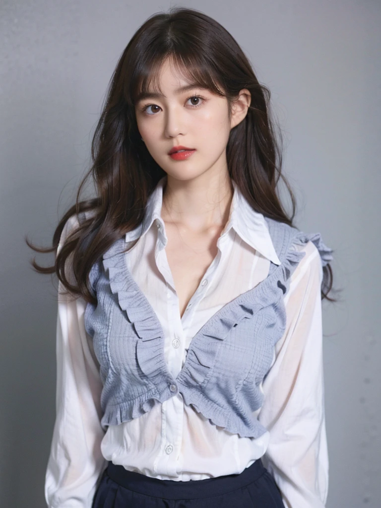 Gray background、pubic hair、Large Breasts、Thighs、Red lipstick、(((Glaring)))、Curly Hair、Disheveled Hair、Cute woman、high school girl、White shirt、Navy frill mile、Open chest shirt