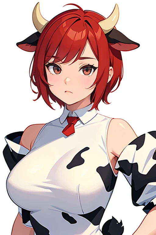 samdoesarts style, White background ,Sam Style, , , in a cow costume, red short hair, cow horns and ears, there is a cow's tail under the skirt, embarrassed, awkward, holds her miniskirt with her hands and pulls it down, cropped sweater suit with hood and skirt, cow print