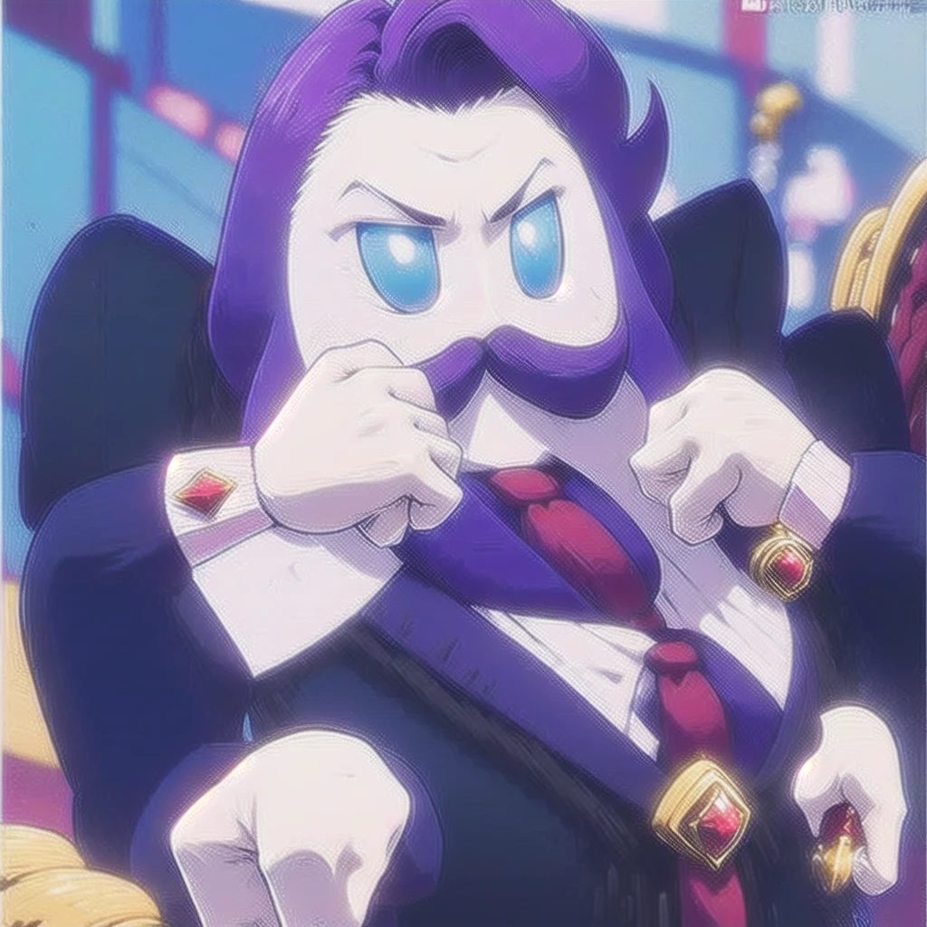 Haltmann, purple hair, purple mustache, round body, arms and hands, wearing a dark blue suit with pink vertical lining, pink shirt, red tie, black shoes, gold suit button with a red diamond, pale purple gloves, pink cuffs, pale purpmin, blue eyes, golden earpiece with antenna, in a office