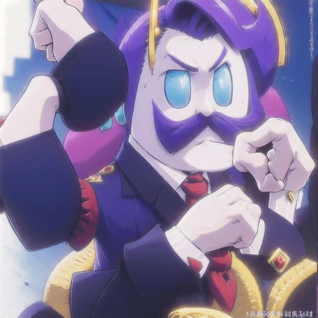 Haltmann, purple hair, purple mustache, round body, arms and hands, wearing a dark blue suit with pink vertical lining, pink shirt, red tie, black shoes, gold suit button with a red diamond, pale purple gloves, pink cuffs, pale purpmin, blue eyes, golden earpiece with antenna, in a office