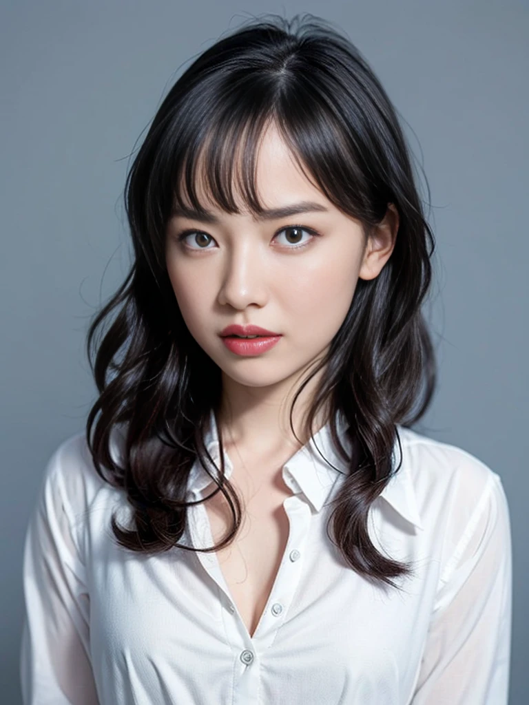 Gray background、pubic hair、Large Breasts、Thighs、Red lipstick、(((Glaring)))、Curly Hair、Disheveled Hair、Cute woman、high school girl、White shirt、Navy frill mile、Open chest shirt
