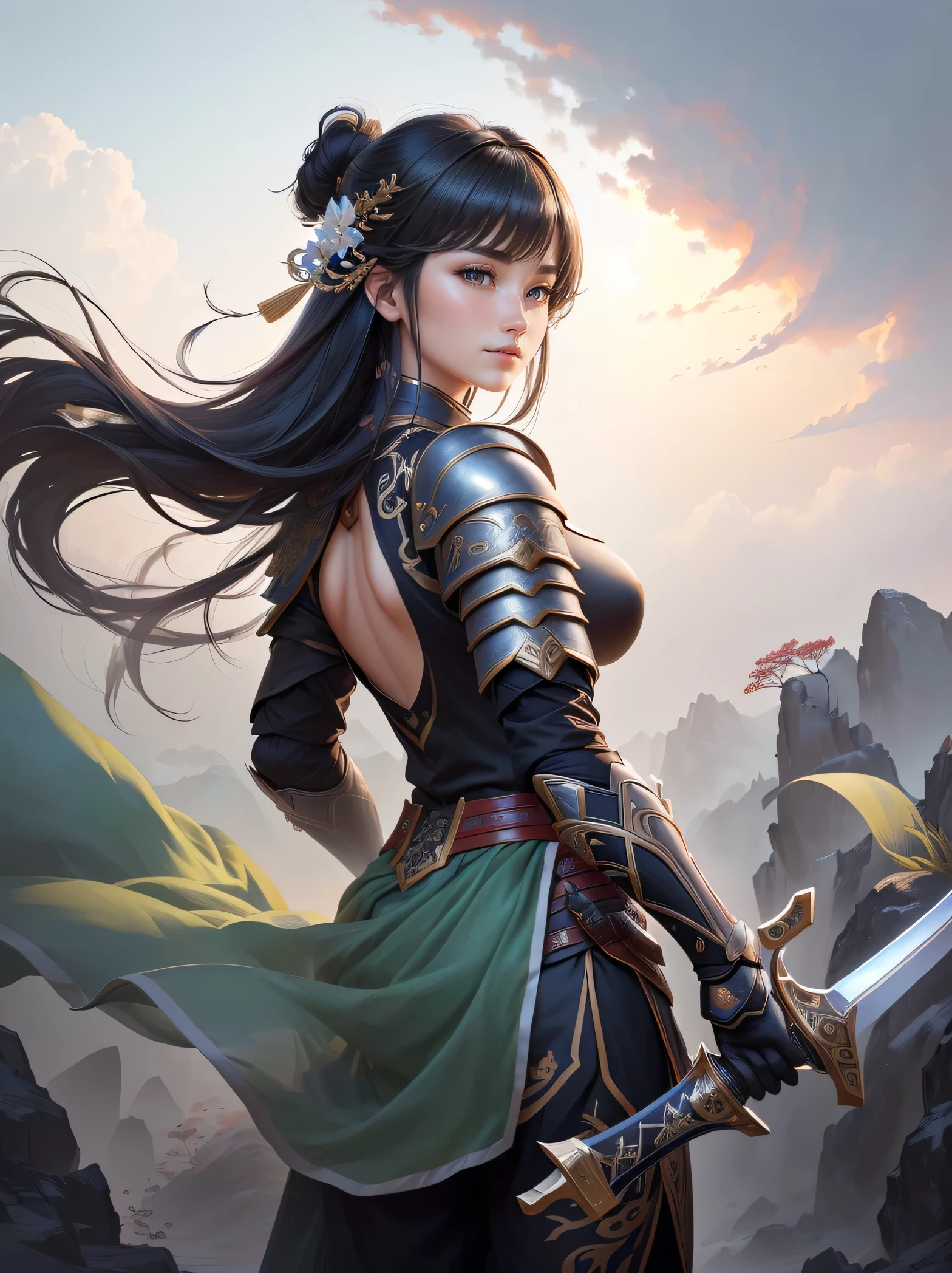 Realistic, 8k, 1girl, short skirt showing the pulp of the average ass, bare abdomen, low-cut bronze armor. medium breasts. black hair with ponytail, green eyes. mask over the mouth and nose. profile view. holding a sword with the flute hilt. Caucasian ethnicity. lean body. --auto --s2