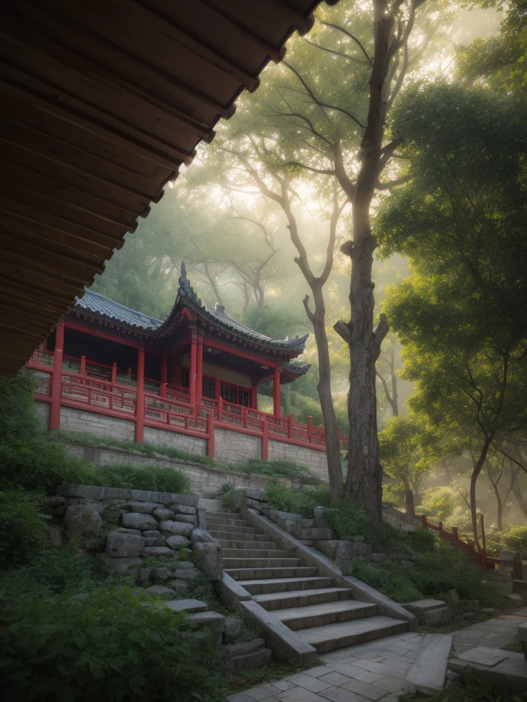 (RAW Photo: 1.2), highest quality, ultra-high resolution, depicting a traditional Chinese building—a temple. It stands on a hillside, surrounded by trees and a natural setting. The roof design showcases traditional Chinese architecture with upturned eaves, a striking contrast between the yellow roof tiles and the dark red walls and pillars.

In the foreground, a staircase made of stone leads up to the structure, bordered by railings. The entire scene is enveloped in a soft mist, lending an air of mystery and peacefulness. The sky is gloomy, as if it had recently rained. The atmosphere is cinematic, captured by a Canon camera.