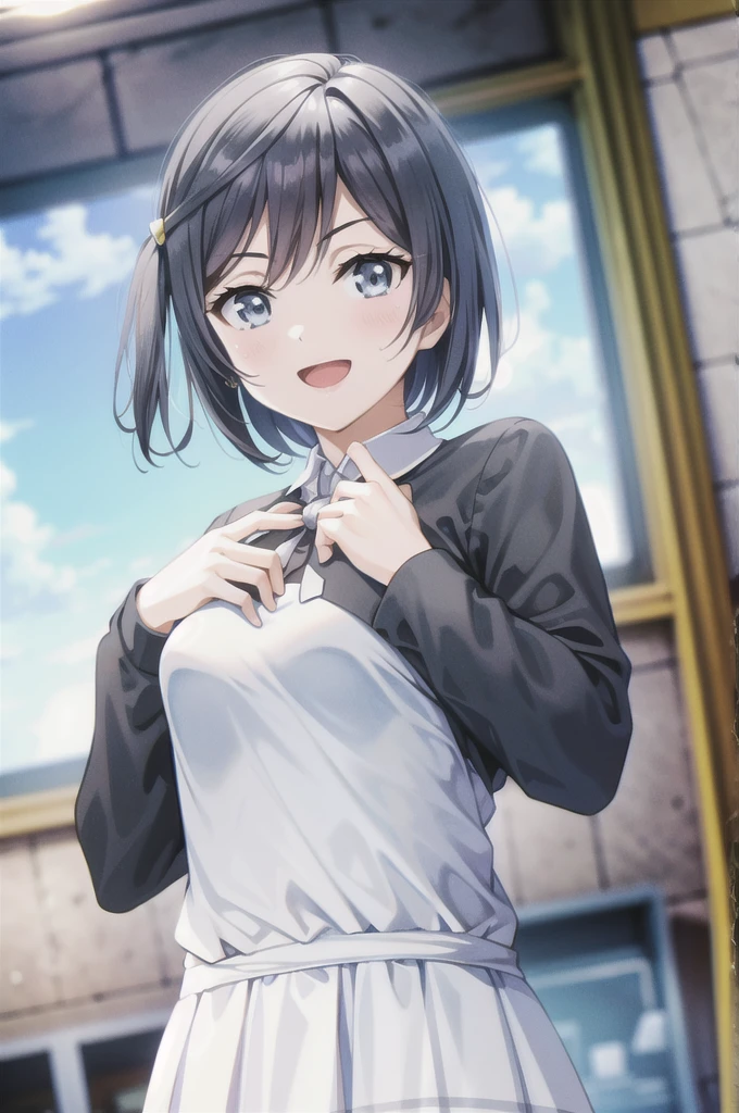 (Highest quality, masterpiece:1.2), One Girl, alone, anime, anime screencap, Ray Tracing, Global Illumination, ultra hi resolution picture, Bright colors, Cinematic Light, Lens flare, Light on the face, Glowing Eyes, Written boundary depth, Happy, Detailed Background, cute, straight, smile, View your audience, Outdoor, null, cloud,
Yuki Setuna, Upper Body, Jacket, Long sleeve,short hair,Sweating