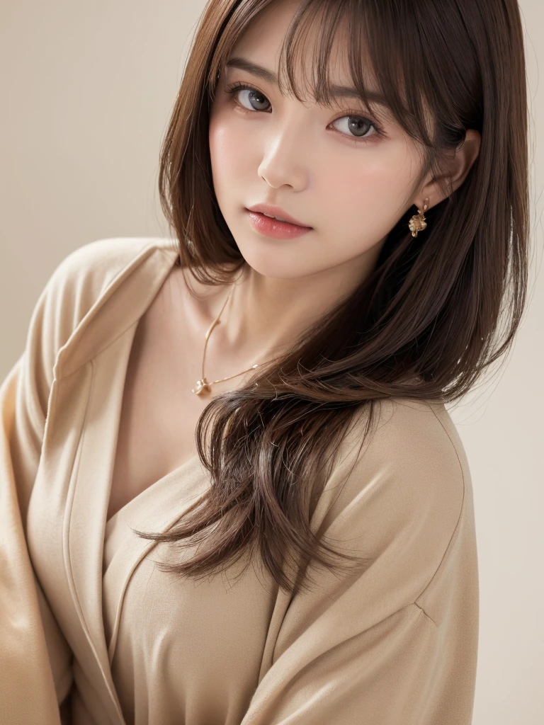 ((Highest quality, 8k, masterpiece:1.3)), concentrate: 1.2, Perfect body beauty: 1.4, Hips: 1.2, ((Long Hair, chest: 1.2)), (Dry clothes: 1.1) , (clear, Simple Background:1.3), Simple clothes: 1.1, Highly detailed face and skin texture,Delicate eyes, double eyelid, Whitened skin, Rough skin、Long Hair、Earrings with bangs、necklace、 solo、Beige coat、White shirt, (((Beautiful girl with cute Japan)))、 ((Beautiful Japanese girl 20 years old))、 ((Baby Face))、 (((Slender body)))、 Upper Body,Face focus、necklace,Simple Background,From above, Realistic Hair、 A photograph was taken:Canon EOS R6、135mm、1/1250 seconds、f2.8、ISO400、(Detailed explanation of the hand)、(Masseter muscle area)、(Exquisite CG)、Long Hair, loose and curly hair、Korean Hair、Long Hair明るいベージュ色、グラデーションハイライトグレージュのゆるふわLong Hairスタイル、