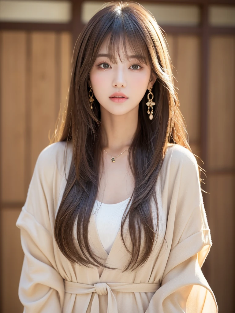 ((Highest quality, 8k, masterpiece:1.3)), concentrate: 1.2, Perfect body beauty: 1.4, Hips: 1.2, ((Long Hair, chest: 1.2)), (Dry clothes: 1.1) , (clear, Simple Background:1.3), Simple clothes: 1.1, Highly detailed face and skin texture,Delicate eyes, double eyelid, Whitened skin, Rough skin、Long Hair、Earrings with bangs、necklace、 solo、Beige coat、White shirt, (((Beautiful girl with cute Japan)))、 ((Beautiful Japanese girl 20 years old))、 ((Baby Face))、 (((Slender body)))、 Upper Body,Face focus、necklace,Simple Background,From above, Realistic Hair、 A photograph was taken:Canon EOS R6、135mm、1/1250 seconds、f2.8、ISO400、(Detailed explanation of the hand)、(Masseter muscle area)、(Exquisite CG)、Long Hair, loose and curly hair、Korean Hair、Long Hair明るいベージュ色、グラデーションハイライトグレージュのゆるふわLong Hairスタイル、