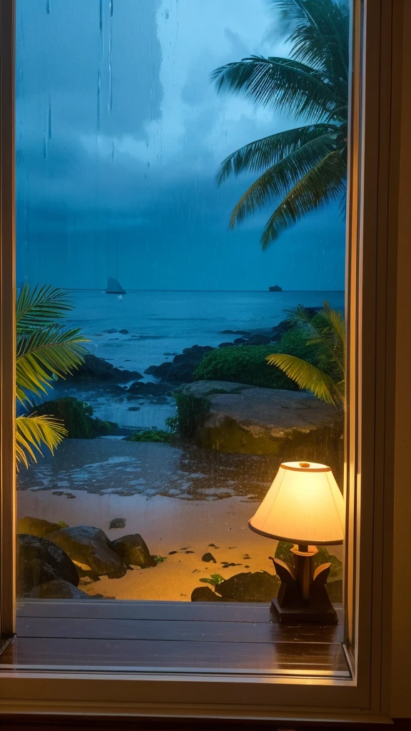 Rainy scenery seen from a tropical window Beach view from the window Night view