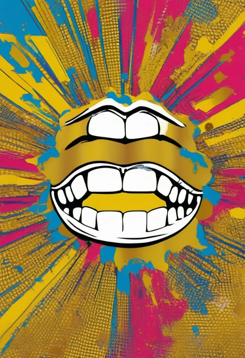 low quality、Pop Art、(One coin)、The coin has a mouth、Teeth are visible、gold、Logo、central、big、Background is white