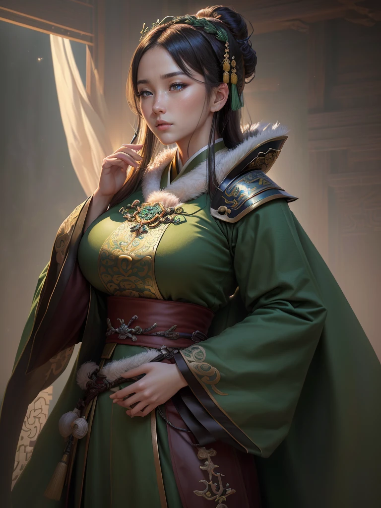 a close up of a man in a green robe, inspired by Dong Yuan, zhao yun, inspired by Cao Zhibai, inspired by Guan Daosheng, inspired by Hu Zaobin, inspired by Huang Shen, inspired by Zhang Sengyao, inspired by Huang Ding, inspired by Wu Bin, inspired by Li Kan, guan yu, Highly detailed CG unit 8k wallpaper, masterpiece, High resolution, highest quality, highest quality real texture skin, Super Real, Digital Painting, Best image quality, 最High resolution, 8k, ((Highly detailed eyes and face, Beautiful eyes every detail)), profile, disproportionate breasts, huge breasts, sagging breasts, gigantic breasts, erect nipple