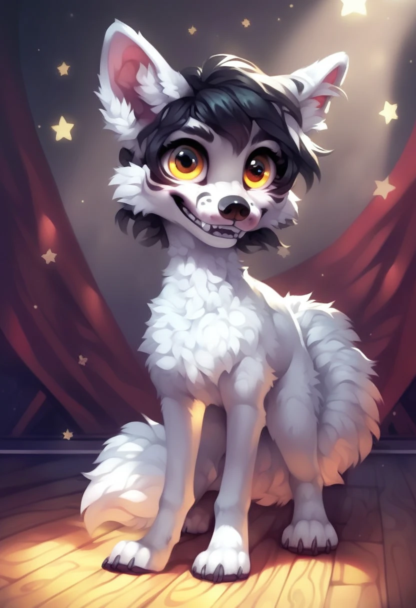 Score_9, score_8_up, score_7_up, detailed background 1girl, solo, feral fox, funtime animatronic, tail, canine pussy, mic, amber eyes, short hair, dark hair, white fur, calm, stage