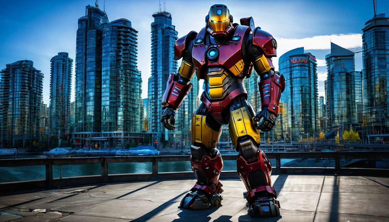 Large Mech suit ready for battle, full body shot, Vancouver, high-quality artwork, metal armour, intense lighting, cityscape background, heroic pose, dramatic shadows, carbon fiber suit with black and red paint job and yellow neon lights, hockey helmet with blue visor, video game, blue electric fists, futuristic synth wave cyberpunk, hulkbuster with goalie hockey mask design, no reactor core on chest