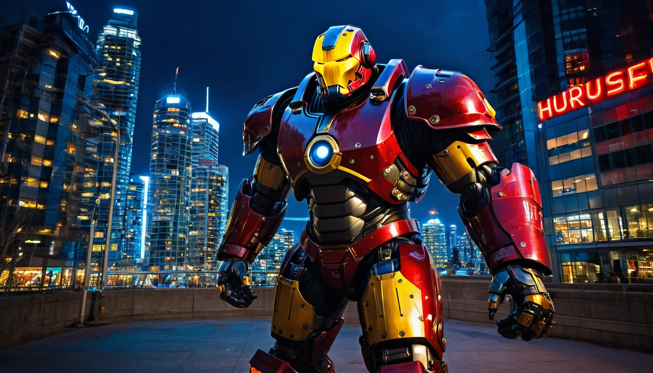 Large Mech suit ready for battle, full body shot, Vancouver, high-quality artwork, metal armour, intense lighting, cityscape background, heroic pose, dramatic shadows, carbon fiber suit with black and red paint job and yellow neon lights, hockey helmet with blue visor, video game, blue electric fists, futuristic synth wave cyberpunk, hulkbuster with goalie hockey mask design, no reactor core on chest