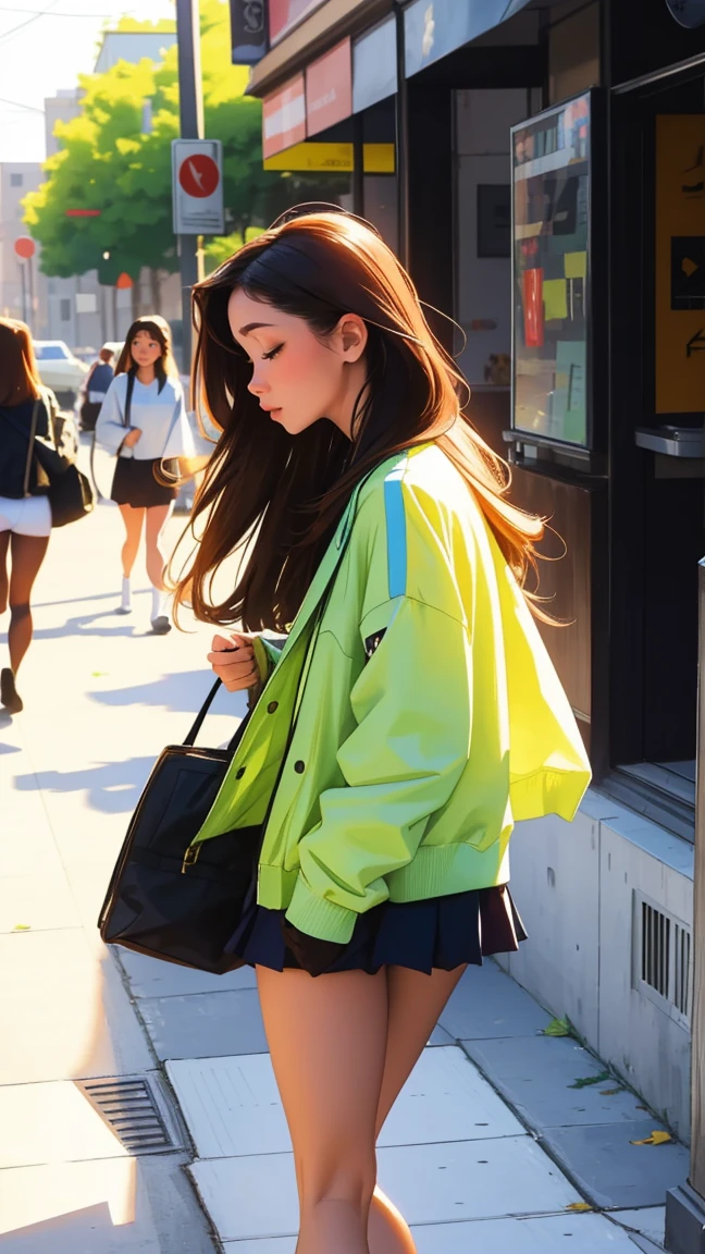 beautiful, masterpiece, Highest quality, Highly detailed face, Perfect lighting, One girl, alone, sketch, Marnie (Pokemon), Green Eyes, Asymmetrical bangs, Backpack, bag, black choker, black Jacket, Blurred, Blurred background, choker, Mouth closed, dress, From behind, indoor, Jacket, Long sleeve, View your viewers, Recall, Off the shoulder, pink dress, red bag, alone
