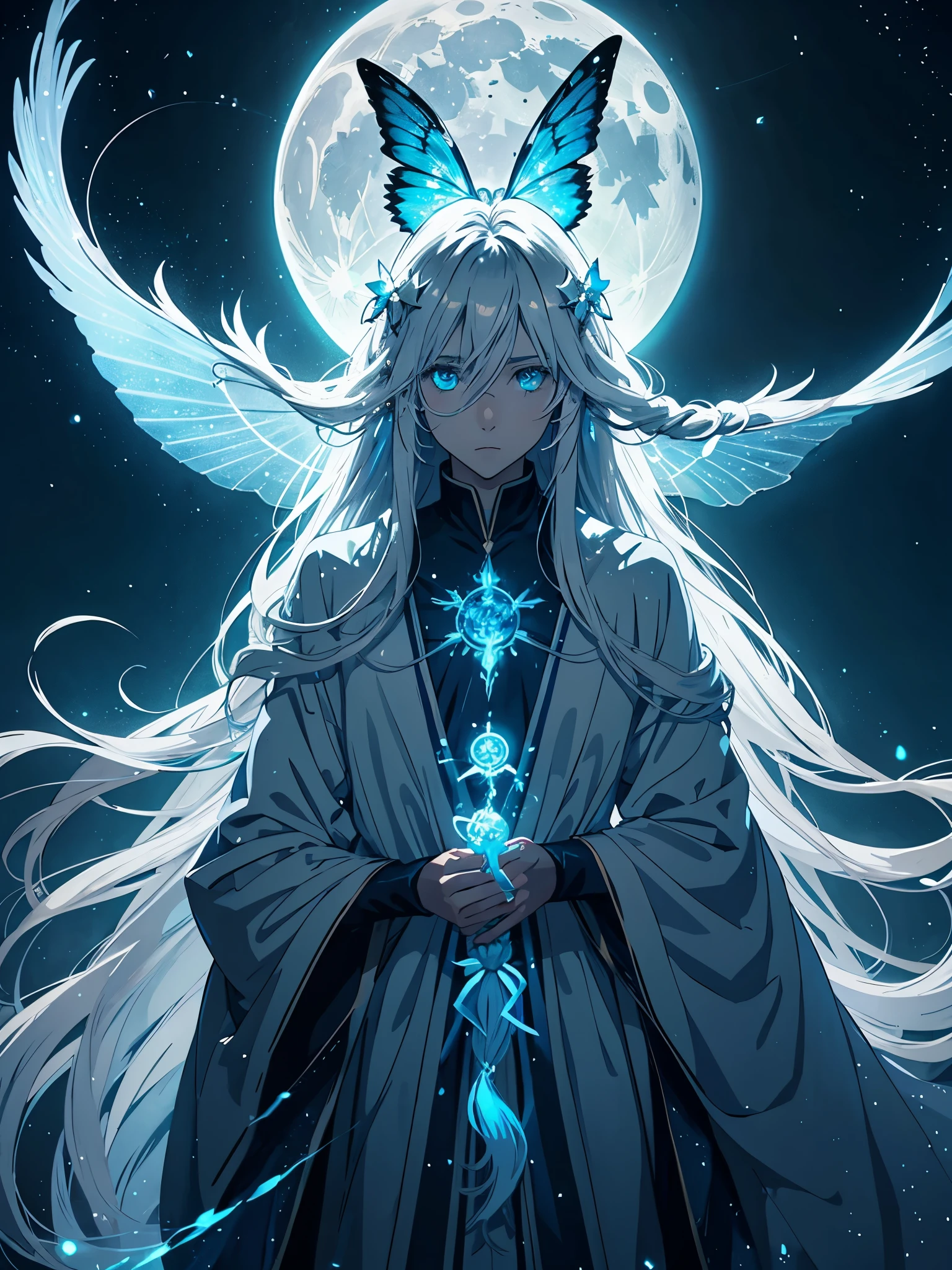 More anime. Glow. 2D. With blue moth. White crows. Ghosts. lights. magical. Power animals. Spirit. King of the moon. Long hair. long white hair. aquatic, boy, silver hair accessories, White hair, blue flowers. Blue lights. full moon. holy.