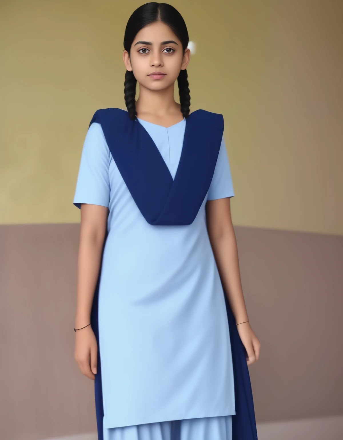 Raw photo , 1 girl ,Wearing salwar kameez uniform, teen school girl, with plait , professional photographer, (hdr:1.4), masterpiece, ultra-realistic 8k, perfect artwork, intrincate details, cute face, award winning photograph, (Best quality, 8k, 32k, Masterpiece, UHD:1.3)