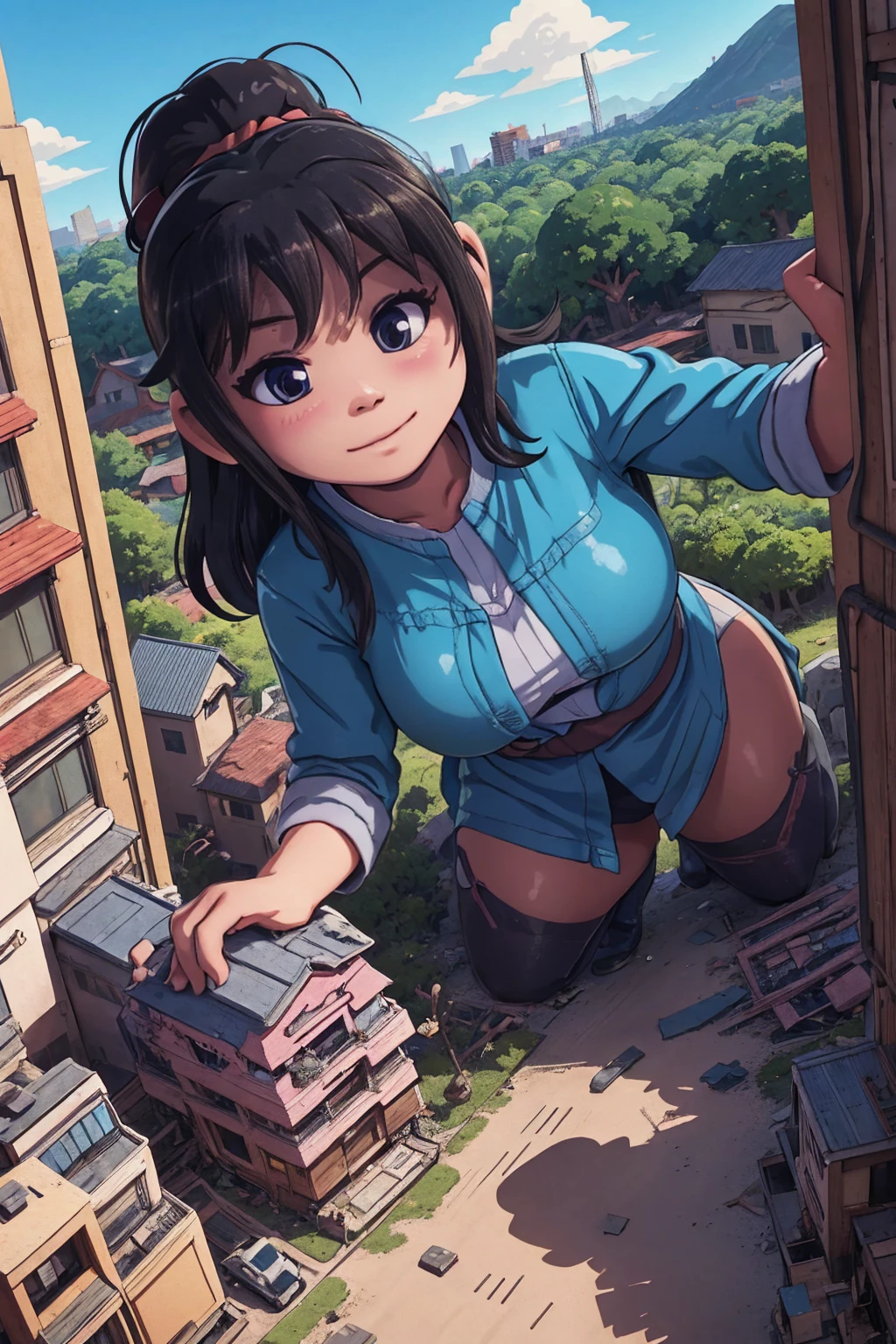 giantess、Giant Woman、smile、迫力のあるLow - Angle、walk、Adult women、anime、エロanime、変態anime、nude、Sunset、blush、Black Hair、steam、Urban area、Tokyo、Woman looking down on a dwarf、Low - Angle、View from the main street、Woman destroying a small metropolis、rubble、Collapsed small buildings、A small abandoned village、Small residents fleeing、A woman who enjoys destruction